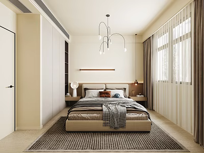Modern Bedroom Interior Design With Bed Nightstands Pendant Light Rug And Curtain Windows 3d model