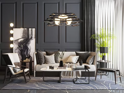 Stylish Sofa And Coffee Table Set In Living Room With Dark Walls Chandelier Artwork Plant Rug And Accent Chair 3d model