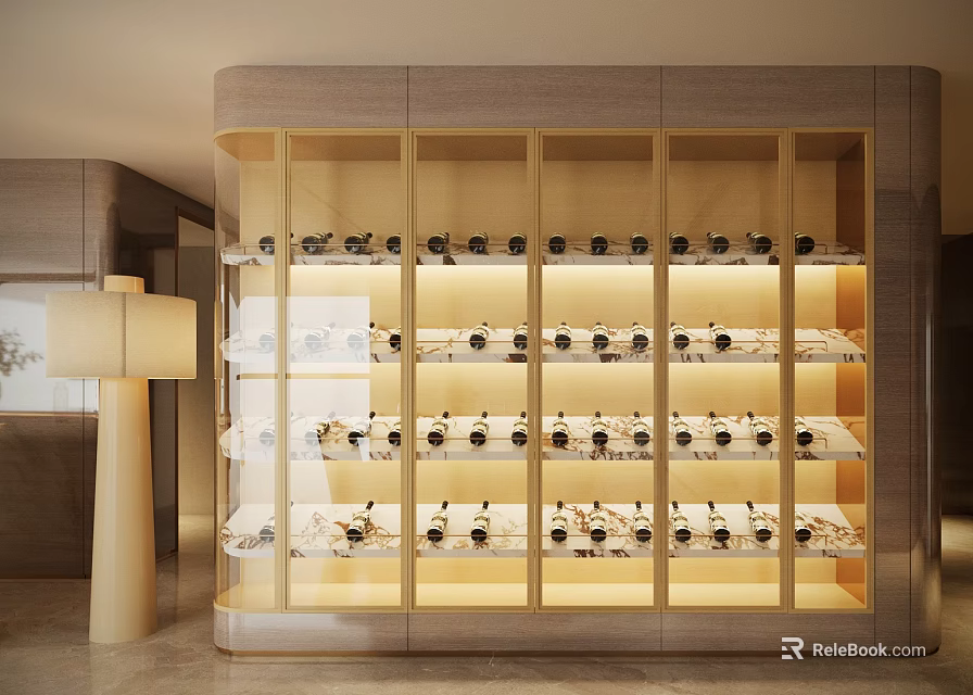 Modern Wine Cabinet With Glass Door Layered Shelves And Elegant Lighting For Wine Bottles 3d model 