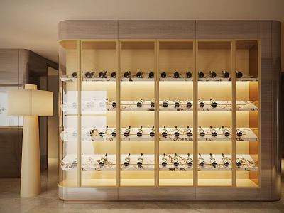 Modern Wine Cabinet With Glass Door Layered Shelves And Elegant Lighting For Wine Bottles 3d model