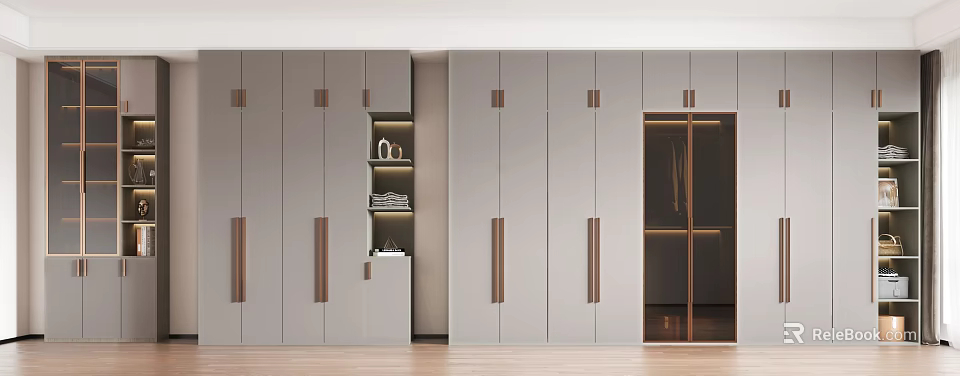 Modern Wardrobe Interior Design With Brass Handles Open Shelf Decorative Items And Folded Clothes 3d model 