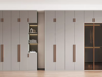 Modern Wardrobe Interior Design With Brass Handles Open Shelf Decorative Items And Folded Clothes 3d model