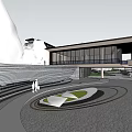 Modern Sales Office Building With Large Glass Facade Landscaped Steps And Circular Plaza