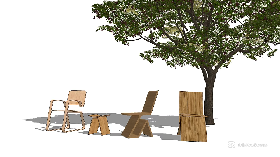 Wooden Outdoor Leisure Chairs Set with Simple Design Under Tree in Garden 3d model 