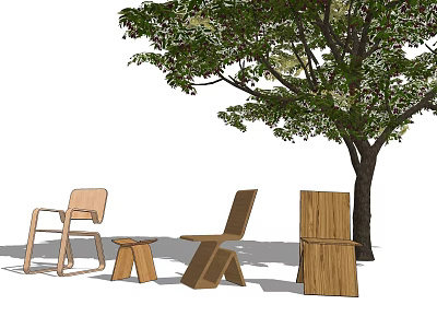 Wooden Outdoor Leisure Chairs Set with Simple Design Under Tree in Garden 3d model
