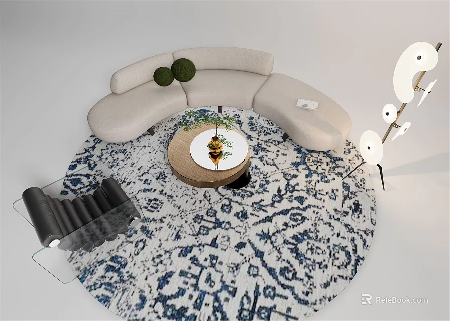 Modern Curved Light Sofa and Coffee Table Set with Wooden Round Table Blue White Rug 3d model 
