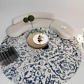 Modern Curved Light Sofa and Coffee Table Set with Wooden Round Table Blue White Rug