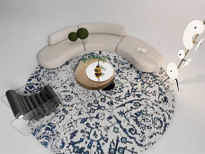 Modern Curved Light Sofa and Coffee Table Set with Wooden Round Table Blue White Rug 3d model