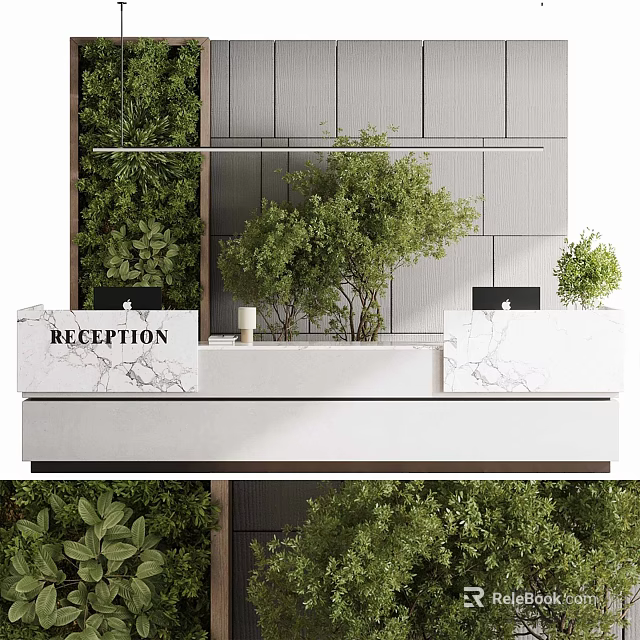 Modern Elegant Reception Desk With Marble Countertop Green Plants And Hanging Greenery 3d model 