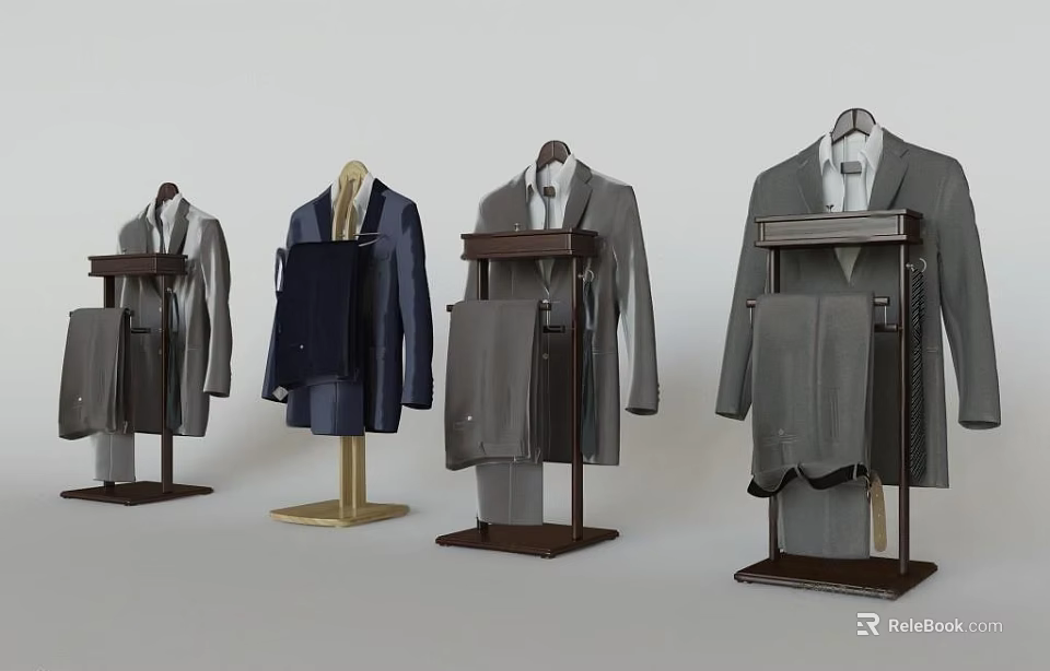 Modern Clothes Hangers With Suit Jackets And Different Standing Base Designs 3d model 