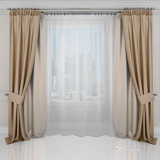 Beige Curtains With Sheer White Voile Tied Back Showing City View Through Window 3d model 