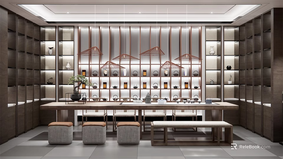 Traditional Tea House Interior Design With Wooden Shelves Tea Sets And Stools 3d model 