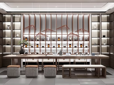 Traditional Tea House Interior Design With Wooden Shelves Tea Sets And Stools 3d model