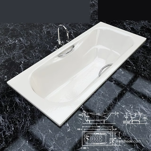 White Rectangular Bathtub with Chrome Faucet on Black Marble Surface and Handles 3d model