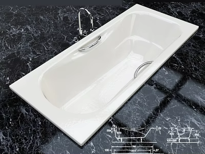 White Rectangular Bathtub with Chrome Faucet on Black Marble Surface and Handles 3d model
