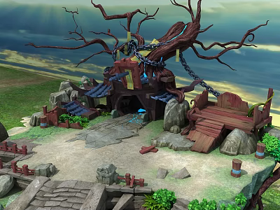 Cartoon Scene Featuring Big Tree Treehouse Stones Wooden Bridge Small Buildings And Plants 3d model