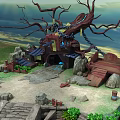 Cartoon Scene Featuring Big Tree Treehouse Stones Wooden Bridge Small Buildings And Plants