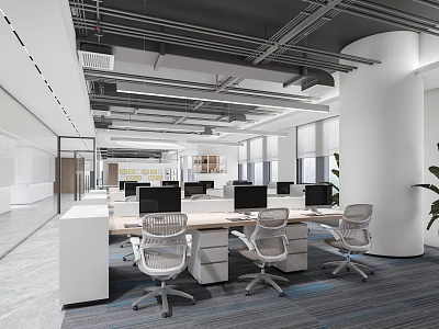 Modern Public Office Space Interior With Open Workstations Desks Computers And Office Chairs 3d model