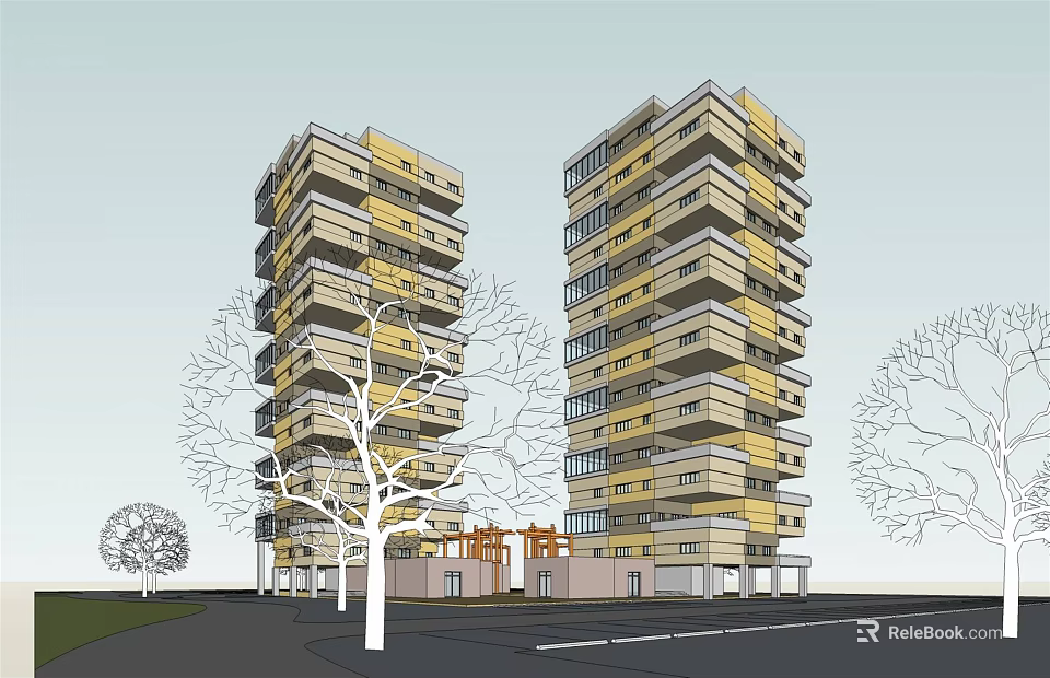 Two Yellow And Gray High Rise Residential Buildings With Surrounding Trees And Base Structure 3d model 