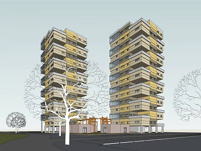 Two Yellow And Gray High Rise Residential Buildings With Surrounding Trees And Base Structure 3d model