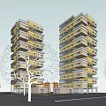 Two Yellow And Gray High Rise Residential Buildings With Surrounding Trees And Base Structure