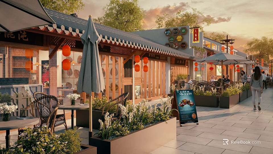 Chinese Style Shopping Mall Store With Outdoor Seating Red Lanterns Gray Umbrellas And Flower Beds 3d model 