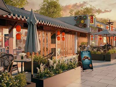 Chinese Style Shopping Mall Store With Outdoor Seating Red Lanterns Gray Umbrellas And Flower Beds 3d model