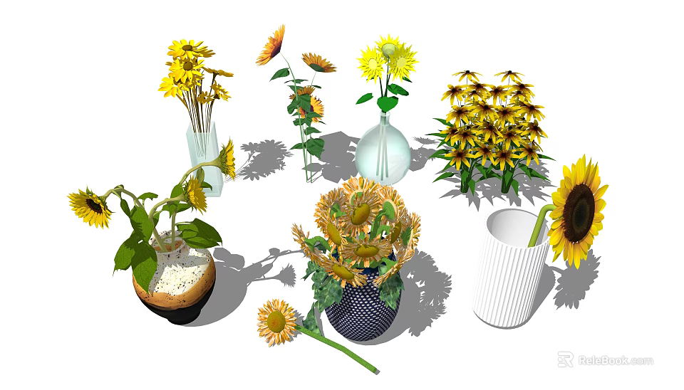 Fresh Colorful Sunflowers and Yellow Flowers in Different Decorative Vases 3d model 