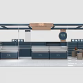 Modern Specialty Store Interior With Navy Blue Counters Glass Display Cases And Wooden Accents