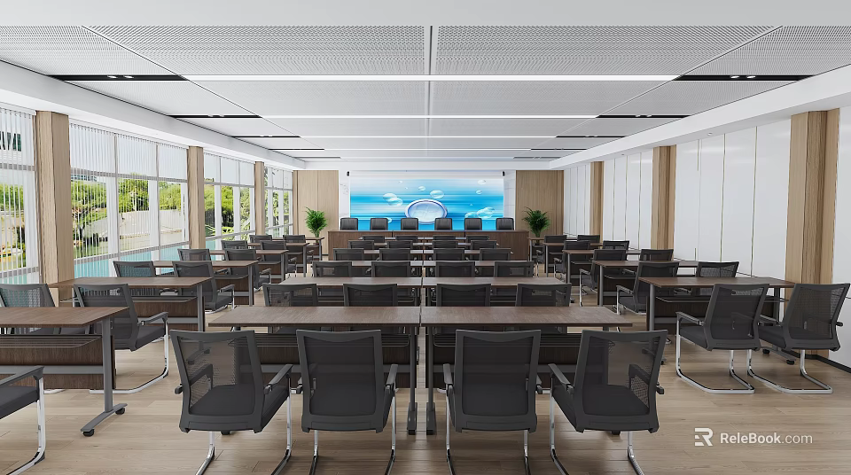 Modern Conference Room Interior Design With Spacious Layout Tables Chairs Large Screen And Windows 3d model