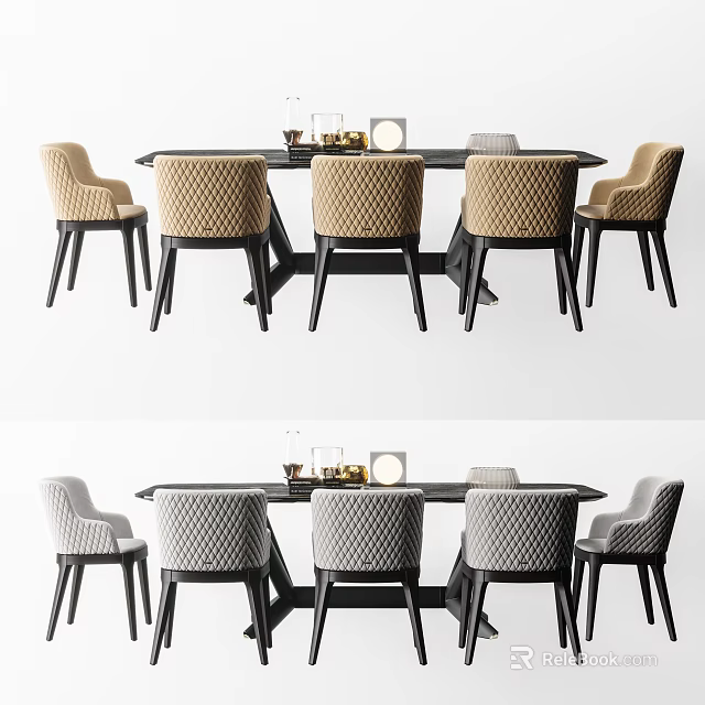 Modern Dining Table Set With Beige And Gray Patterned Chairs Design 3d model