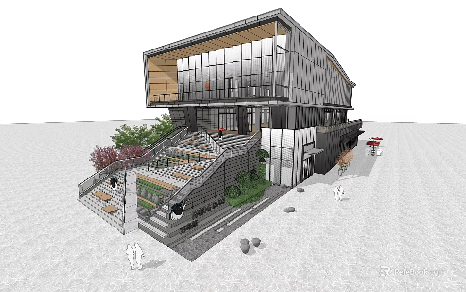 Modern Contemporary Building With Glass Facade Outdoor Stairs And Greenery Elements 3d model 