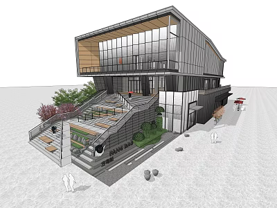 Modern Contemporary Building With Glass Facade Outdoor Stairs And Greenery Elements 3d model
