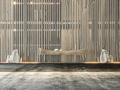 Elegant Interior With Vertical Wooden Slat Wall Long Countertop White Sculptural Chairs And Gray Carpet 3d model