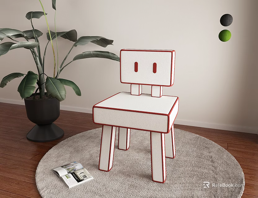 Stylish White Single Chair With Red Trim On Round Rug Near Green Plant And Magazine 3d model 