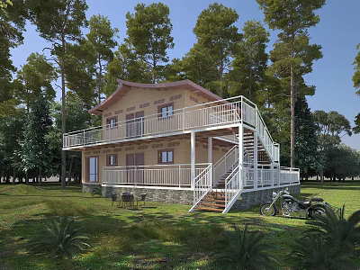 Wooden House in Forest Setting With Balcony Stairs Lawn and Motorcycle 3d model