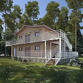 Wooden House in Forest Setting With Balcony Stairs Lawn and Motorcycle
