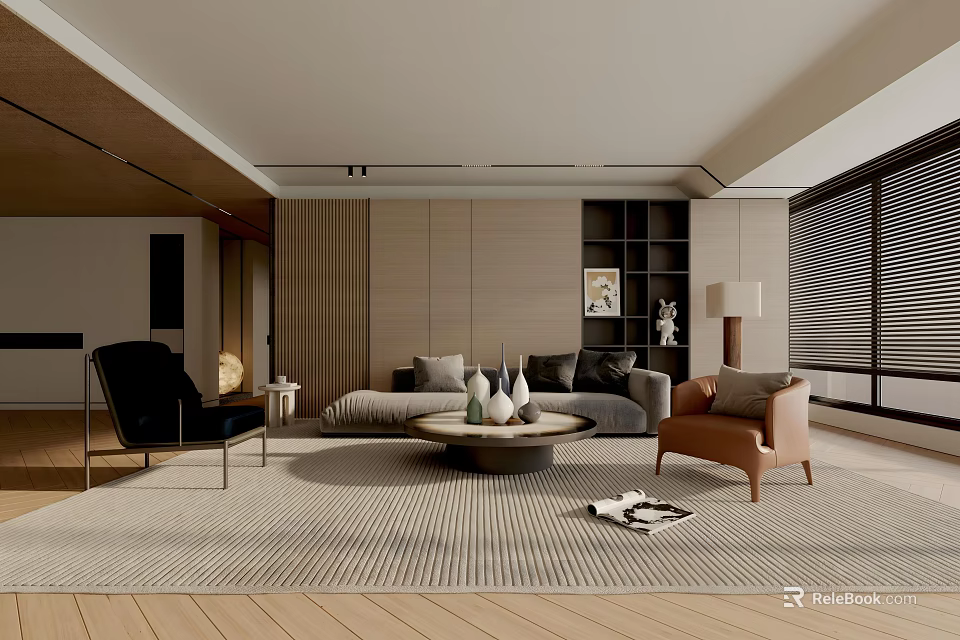 Modern Elegant Living Room With Wooden Ceiling Gray Sofa Beige Walls And Round Coffee Table 3d model 