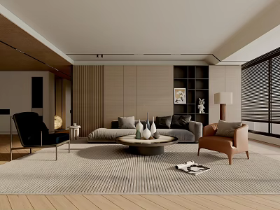 Modern Elegant Living Room With Wooden Ceiling Gray Sofa Beige Walls And Round Coffee Table 3d model