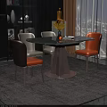 Modern Round Dining Table Set With Marble Tabletop Gray Orange Chairs And Yellow Flower Vase