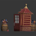 Red Wooden Kiosk with Gabled Roof Open Door and Colorful Packages Alongside Barrels