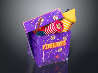 Commercial Fireworks Equipment in Purple Decorative Box with Colorful Festive Tubes 3d model