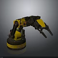 Black And Yellow Robotic Arm Character With Mechanical Joints Gripper And Circular Base