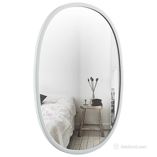 Oval Mirror Reflecting Modern Bedroom Interior With White Bedding Wooden Stool And Vase 3d model 