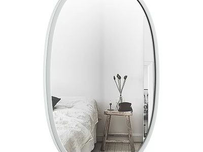 Oval Mirror Reflecting Modern Bedroom Interior With White Bedding Wooden Stool And Vase 3d model