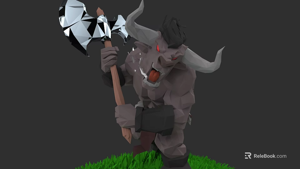 Red Eyed Low Poly Horned Warrior Character Holding Axe Standing On Green Grass 3d model 
