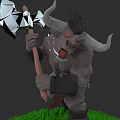 Red Eyed Low Poly Horned Warrior Character Holding Axe Standing On Green Grass