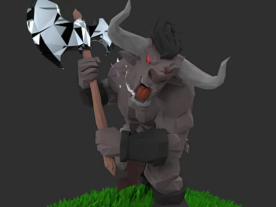 Red Eyed Low Poly Horned Warrior Character Holding Axe Standing On Green Grass 3d model