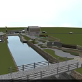 Landscape Bridge With Wooden Railing Over Small River Connecting Green Lawn And Paved Area