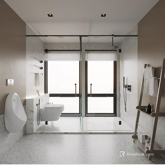 Modern Bathroom Interior With Glass Shower Enclosure Wall Mounted Toilet Vanity And Window 3d model 